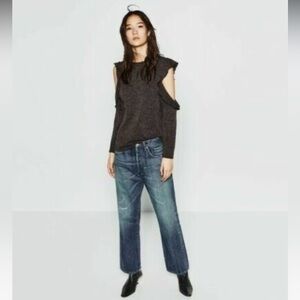 NWOT ZARA Women’s Cold Shoulder Ruffle Knit Top Dark Gray Size L